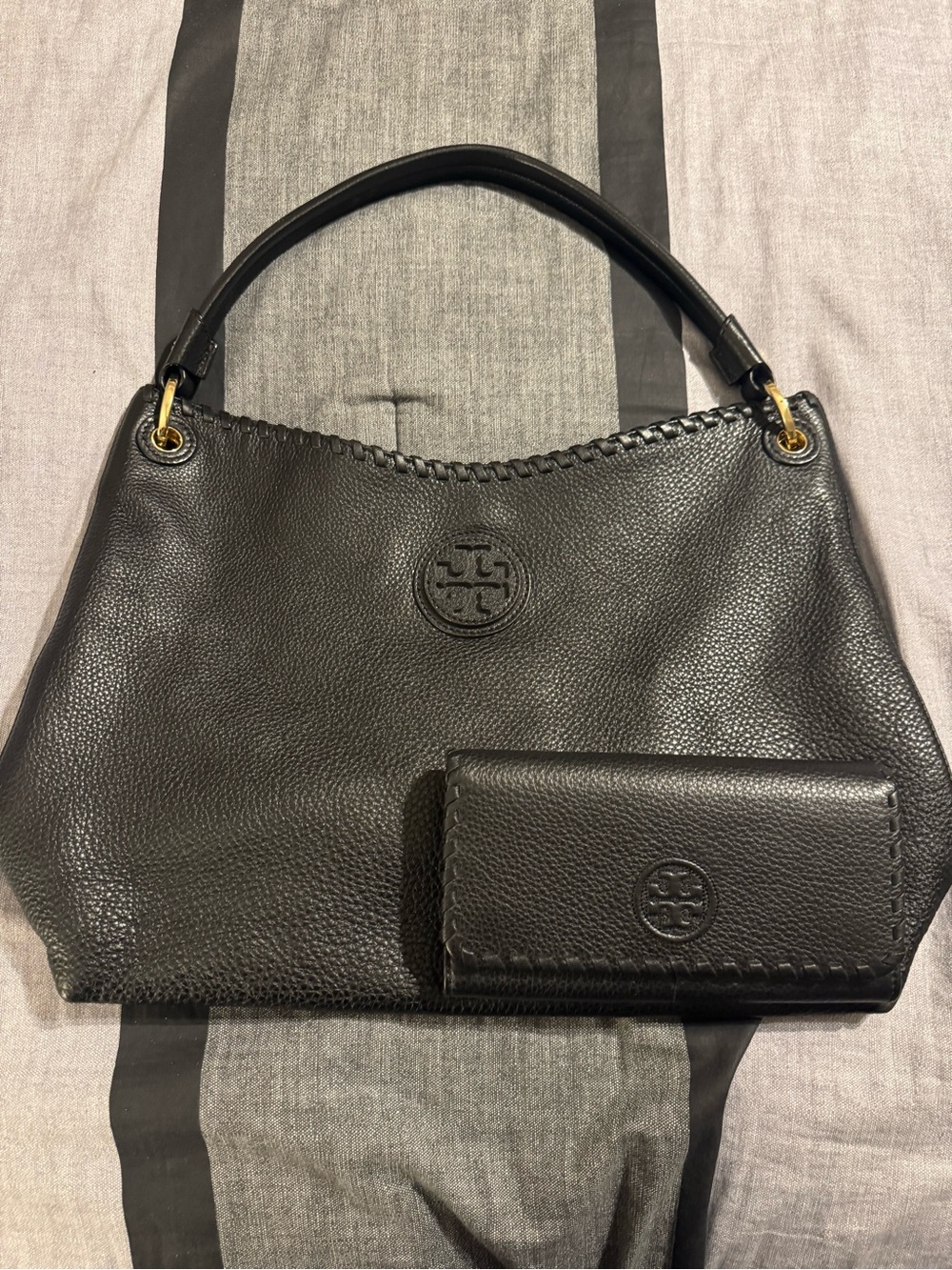 Tory Burch Marion Hobo Black Leather Shoulder Bag with Matching Wallet